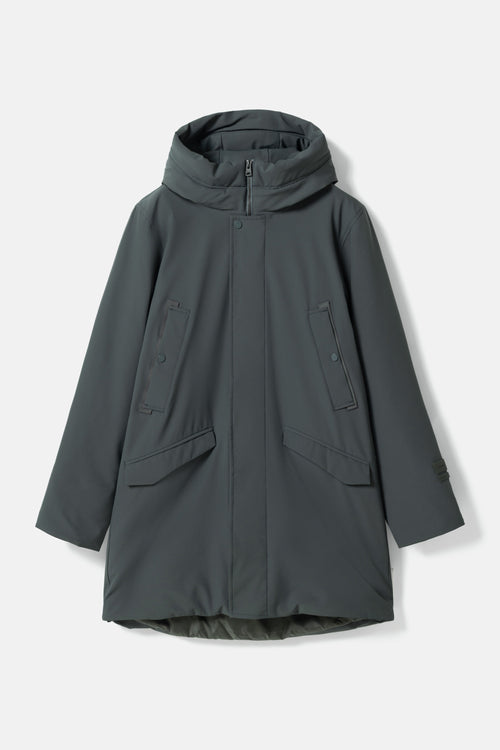 A dark gray hooded jacket with a front zipper, buttoned flap pockets, and a relaxed fit, shown against a light gray background.