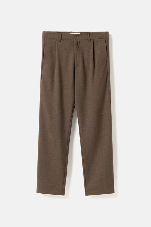 A pair of brown pleated trousers shown flat against a light off-white background.