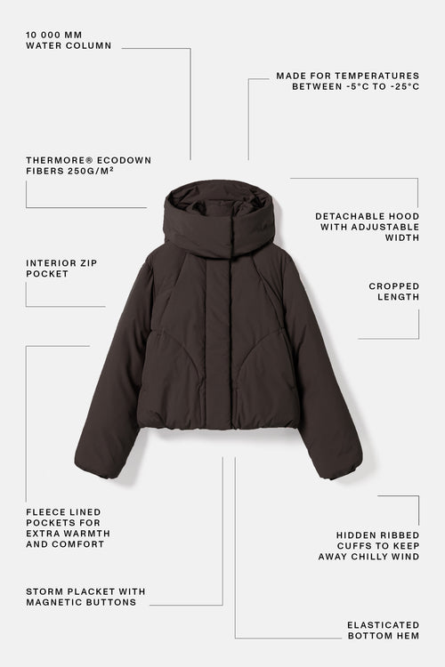 A dark brown cropped puffer jacket displayed on a light gray background with multiple callout lines and text describing its features, such as water column, thermomer ecdown fibers, detachable hood, and fleece-lined pockets.